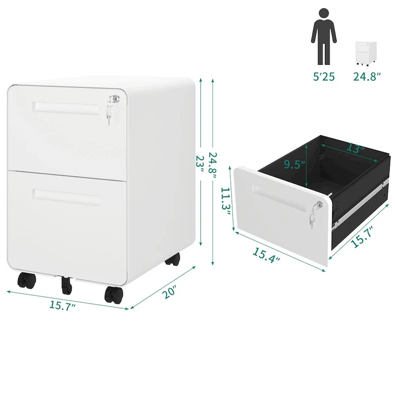 Black / White 2-Drawer Rolling Locking Steel File Cabinet – Single Unit