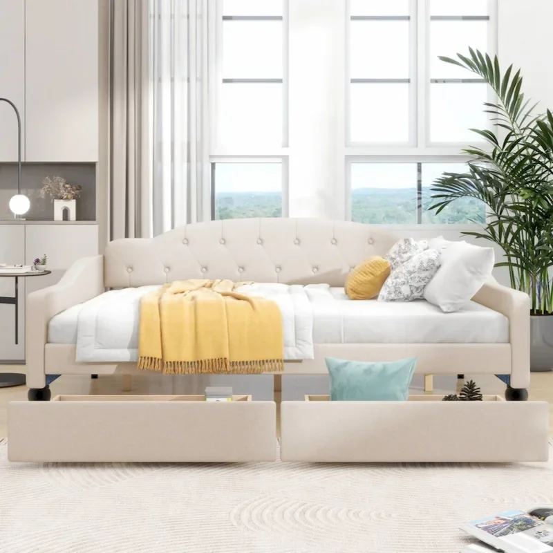Full Size Upholstered Tufted Daybed with 2 Storage Drawers – Beige, for 1 Person