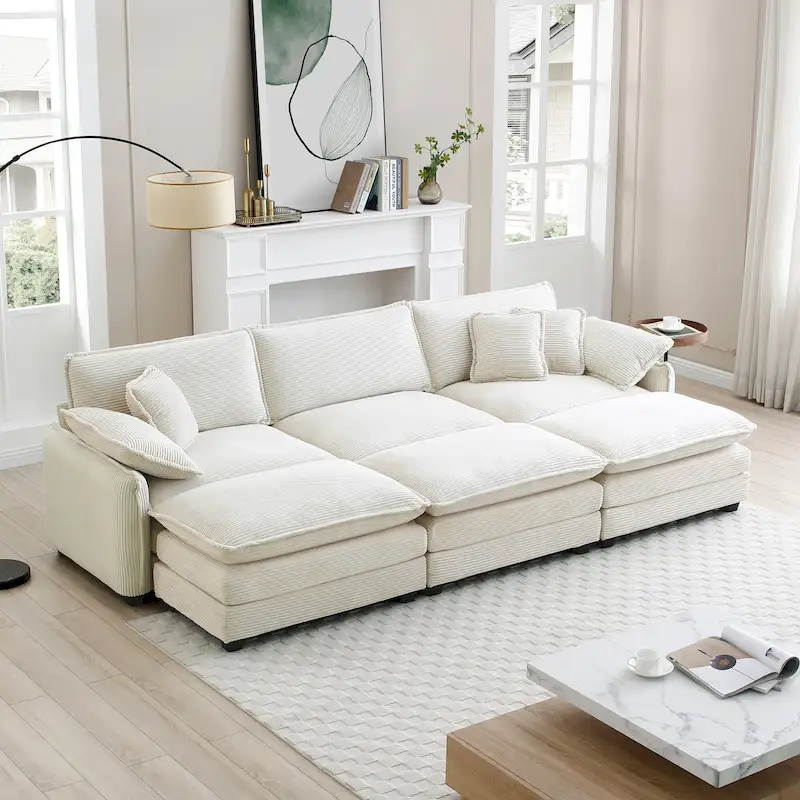 Beige 6-Piece Corduroy Modular Sleeper Sectional Sofa with 3 Ottomans & 5 Pillows