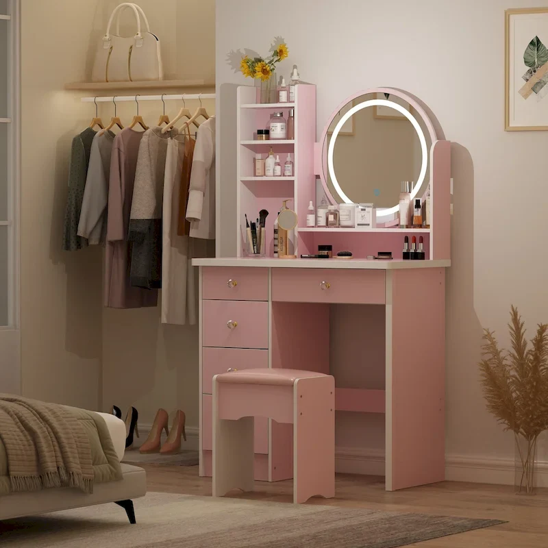 5-Drawers Makeup Vanity Table Set with Lighted Mirror (PINK/BLACK) - 52H