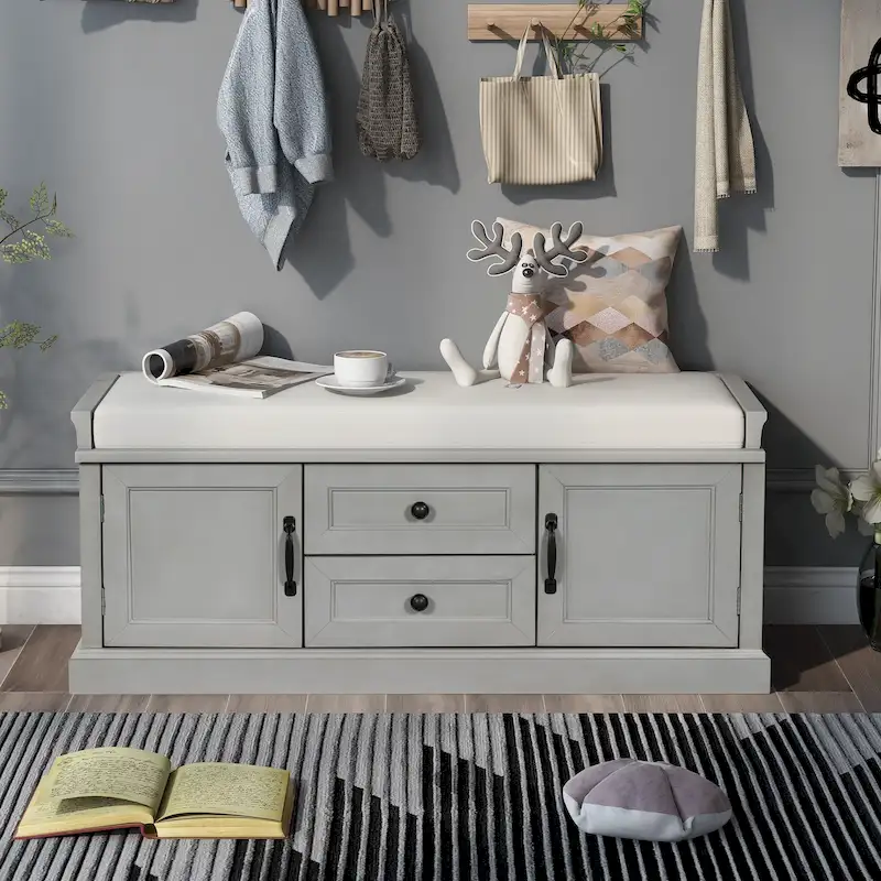 Modern Storage Bench with 2 Storage Drawers and 2 Cabinet Doors, Removable Cushion for Home Entryway and Lounge