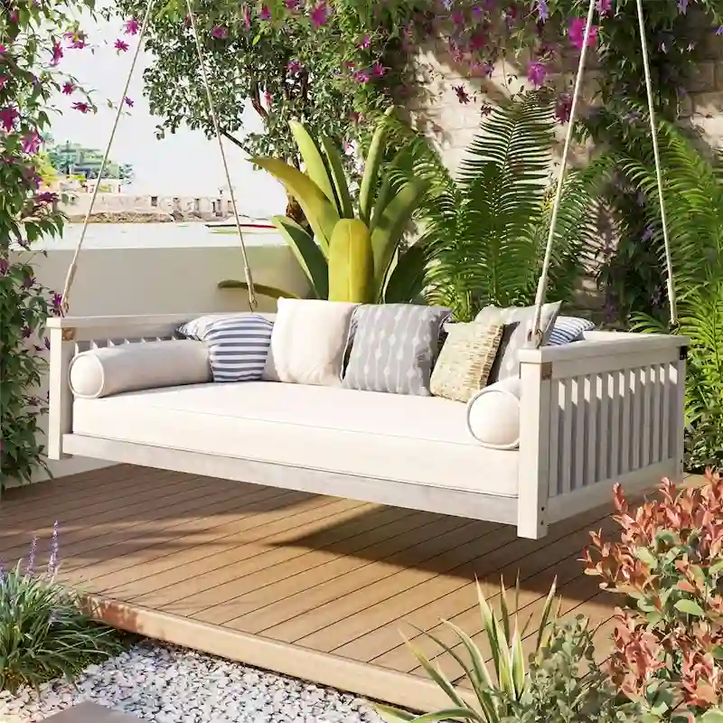 Patio Minimalist Twin Size Garden Swing with Ropes, Safe Sloped Design