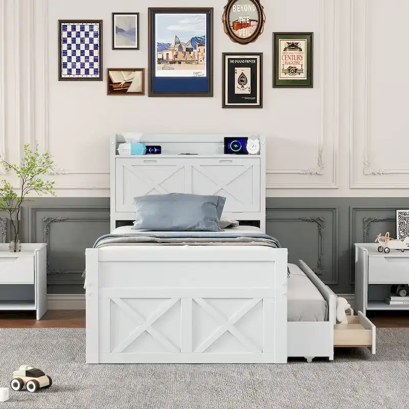 Wooden Platform Bed Outlets on Storage Headboard, Wood Slat Panel Bed Frame with 3 Storage Drawers & Pull-out Trundle Bed