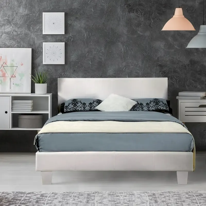 Queen / King / Cal King Low-Profile Faux Leather Platform Bed with Padded Rails and Wood Veneer Legs – Grey / White / Espresso, for 1–2 People