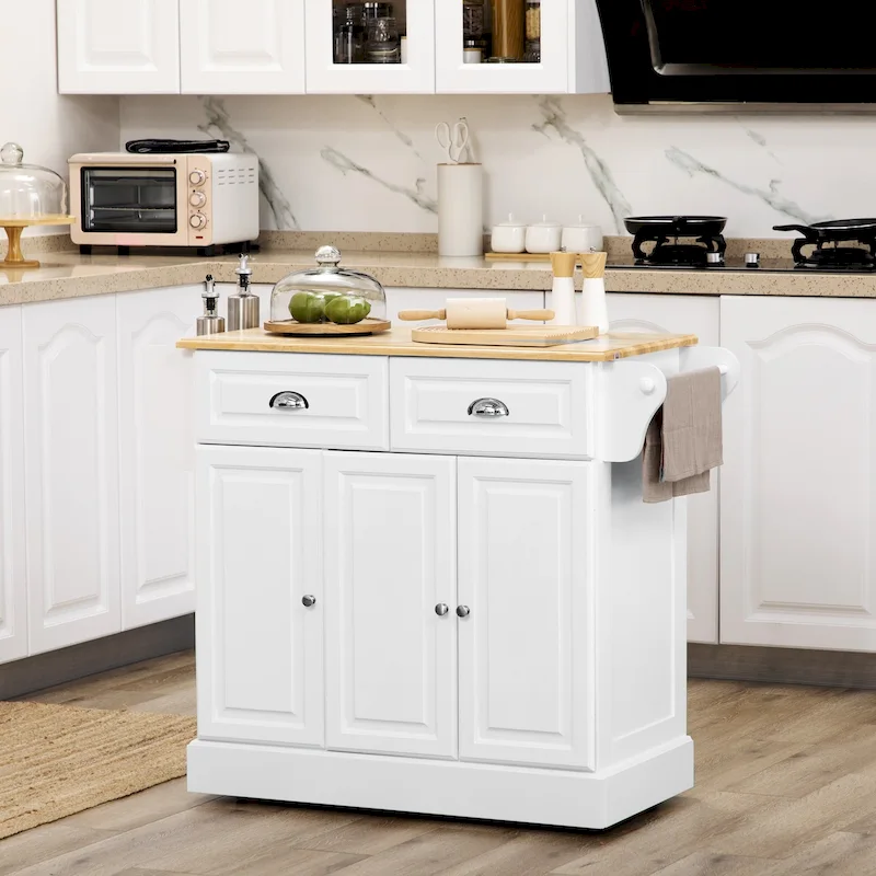 Kitchen Island with Storage, Rolling Kitchen Serving Cart with Rubber Wood Top, Storage Drawer and Cabinet