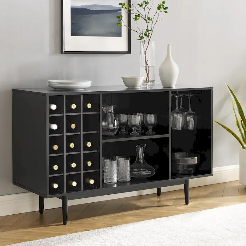 Walnut / Black Mid-Century Modern Wine Storage Sideboard with 15-Bottle Rack & Stemware Holder