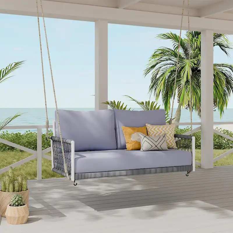 1-Piece Woven Rope Outdoor Swing Sofa with Soft Cushions Seating 2 for Patio, Courtyard and Balcony