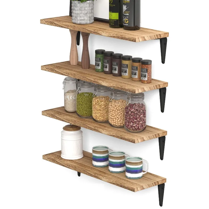 Wallniture Arras 17x6 Solid Wood Kitchen Shelves for Wall, Burned Finish, Set of 4