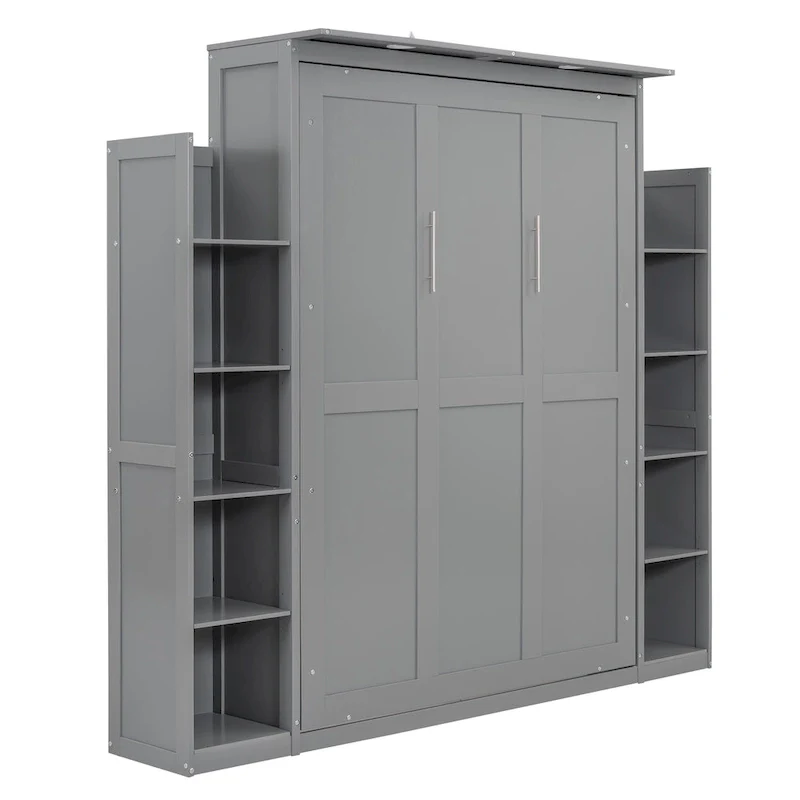 Full Size Murphy Bed Wall Bed with Shelves and LED Lights