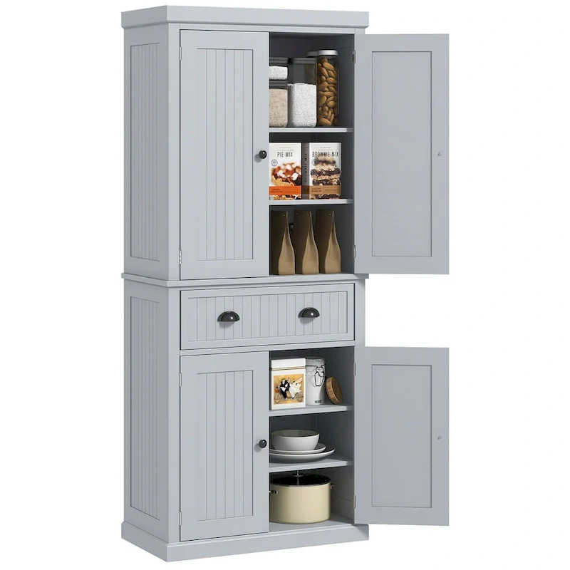 72   Kitchen Pantry Storage Cabinet, Traditional Freestanding Cabinet with 4 Doors and 3 Adjustable Shelves, Large Central Drawer