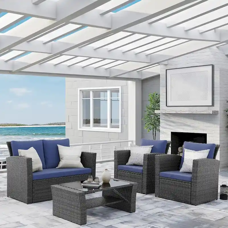 4 Piece Patio Wicker Furniture Set, Outdoor Rattan Sectional Sofa Set with Tempered Glass Coffee Table and Cushions