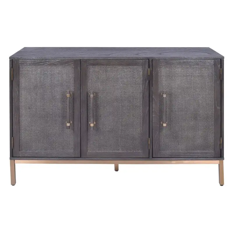 Antique Black 3-Door Rattan Cabinet with Brass Legs