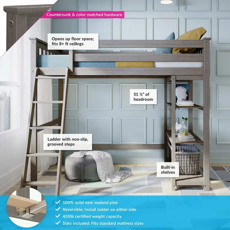 Max and Lily Twin Size High Loft Bed with Bookcase