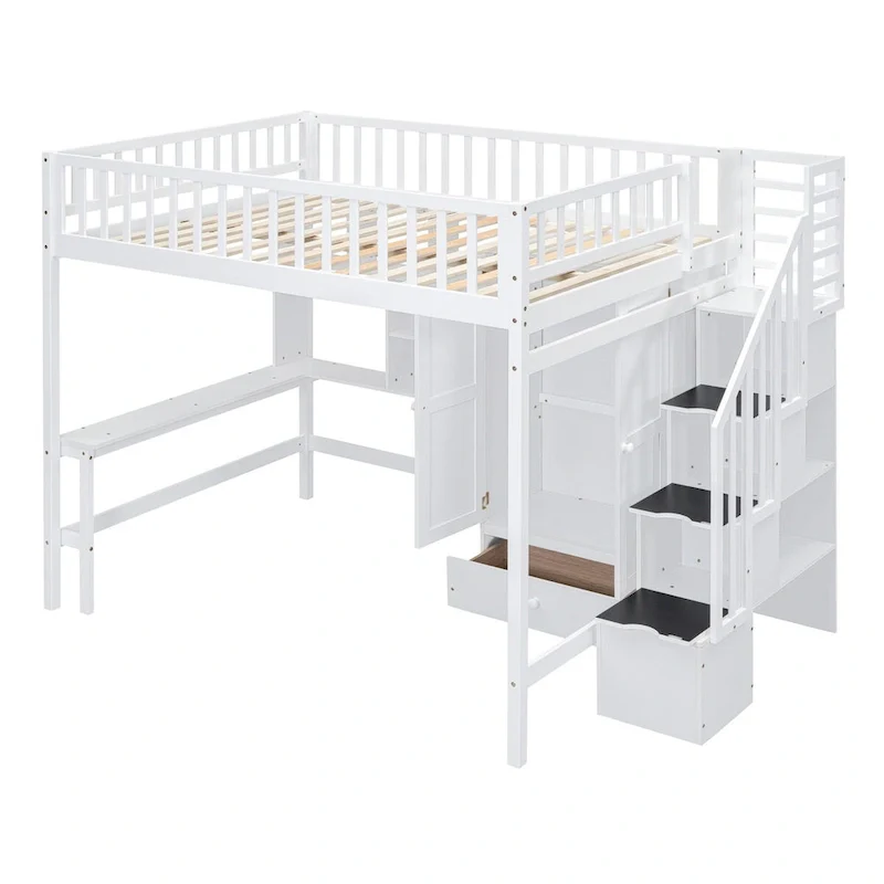 White Full Pine Loft Bed with Bookshelf, Drawers, Desk, Wardrobe, Storage Stair