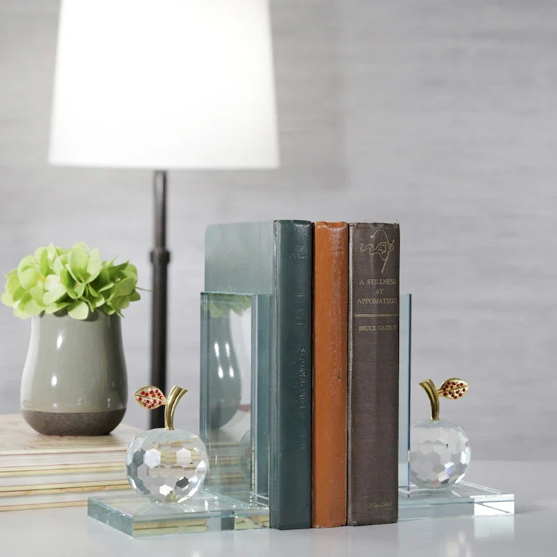 Set of 2 Crystal Apple Decorative Bookends, Home or Office Decor, Clear and Frosted, 4 L x 4 W x 6.5 H - 4  x 4  x 6.5