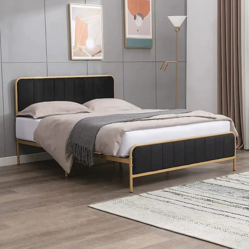Mixoy Metal Platform Bed Frame with Dutch Velvet Headboard, Clearance Bed Frame Upholstered Headboard, Metal Strip Support
