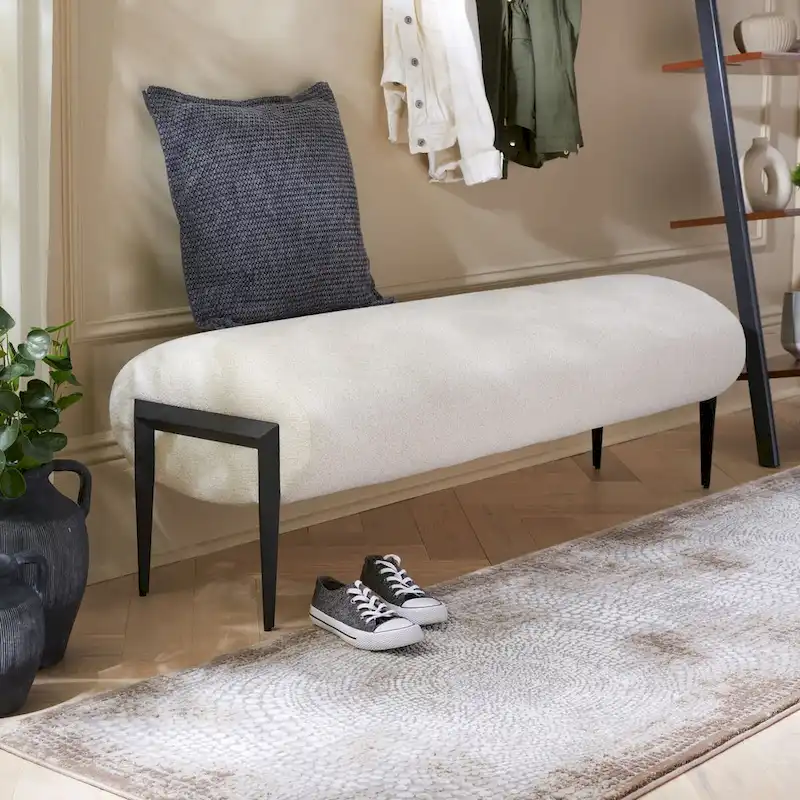 Upholstered Bench in Light Beige / Creme with Black Legs – Seats 2