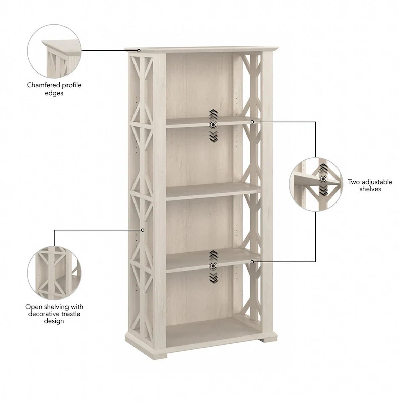 4-Shelf Bookcase in Linen White Oak / Driftwood Gray – 2 Adjustable Shelves
