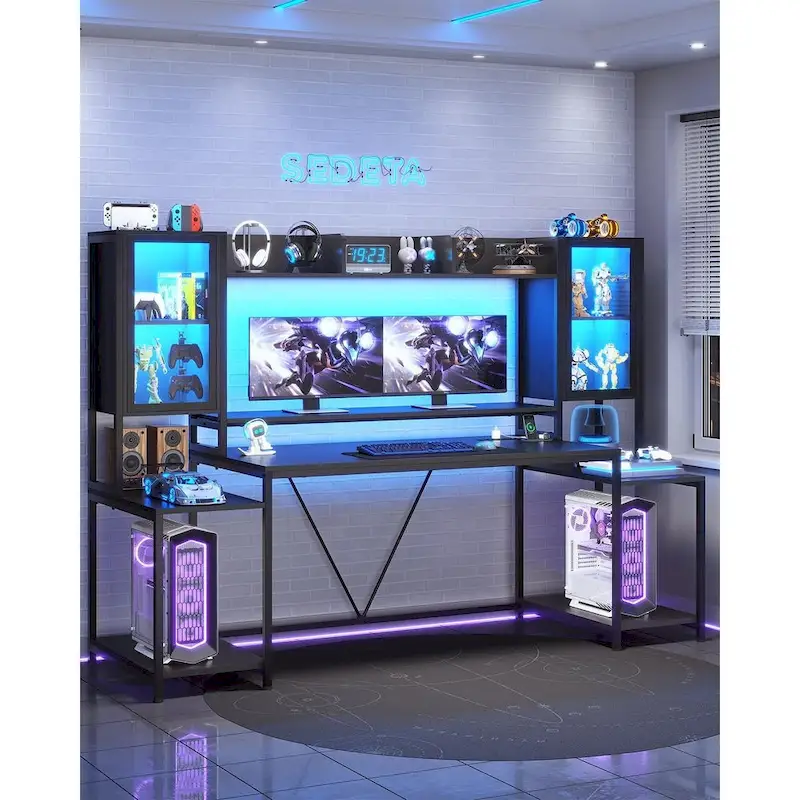 Gaming Desk LED Lights Hutch and Storage Shelves Glass Display Cabinet