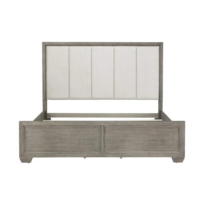Roundhill Furniture Ennesley Gray Wood Bedroom Set with Upholstered Panel Bed, Dresser, Mirror, and Nightstand
