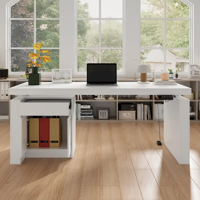 White Electric Height-Adjustable Desk with Side Storage Cabinet – Single User