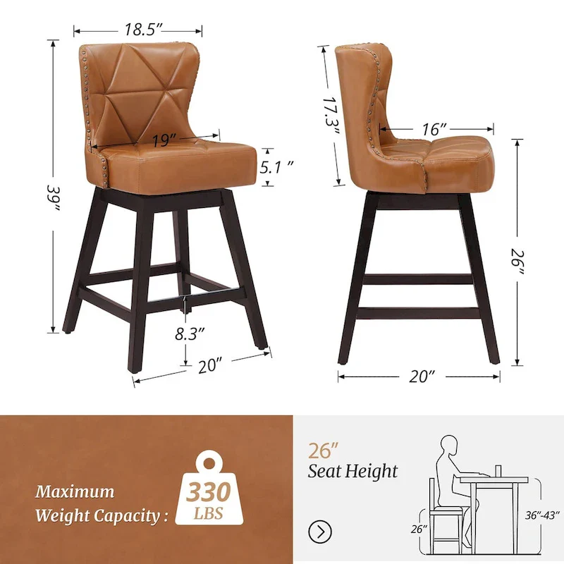 LUE BONA 26 in. Modern Faux Leather/Fabric Upholstered Swivel Bar Stools with Wood Frame for kitchen Island(Set of 2)