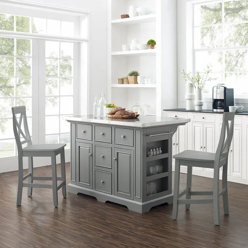 Crosley Julia Stainless Steel Top Island W/X-Back Stools - 50 W x60 D x41H