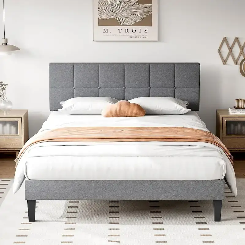 Bed Frame, Modern Platform Bed Frame with Adjustable Headboard, Geometric Upholstered Bed Frame 800LBS Sturdy Solid Wooden Slats