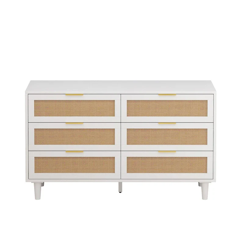 White 6-Drawer Rattan Storage Dresser