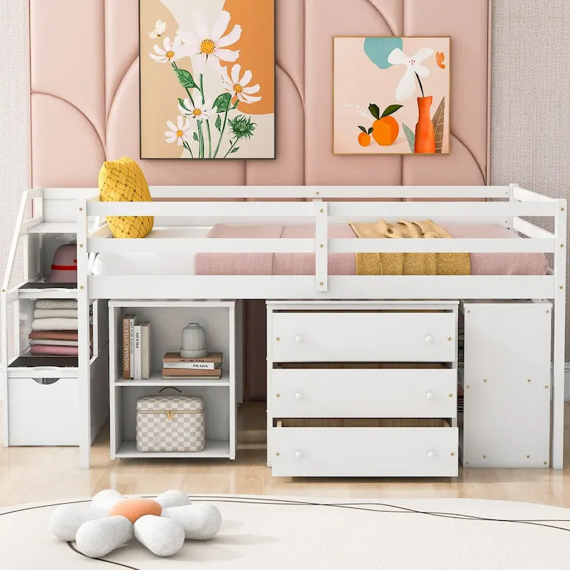 Nestfair Full Size Loft Bed with Retractable Writing Desk and 3 Drawers