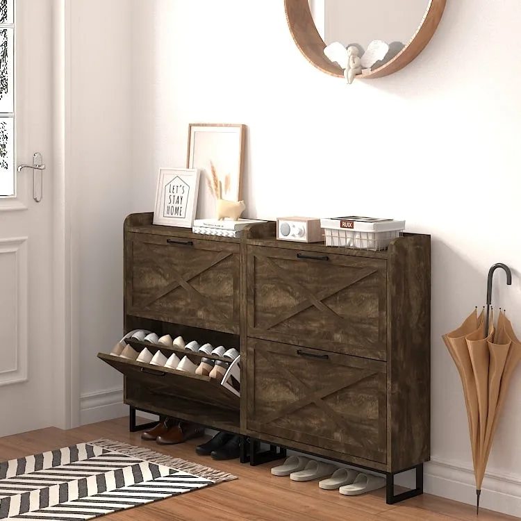 Rustic Brown Tall Narrow Shoe Cabinet with 2 Flip Drawers & Open Top Cubby