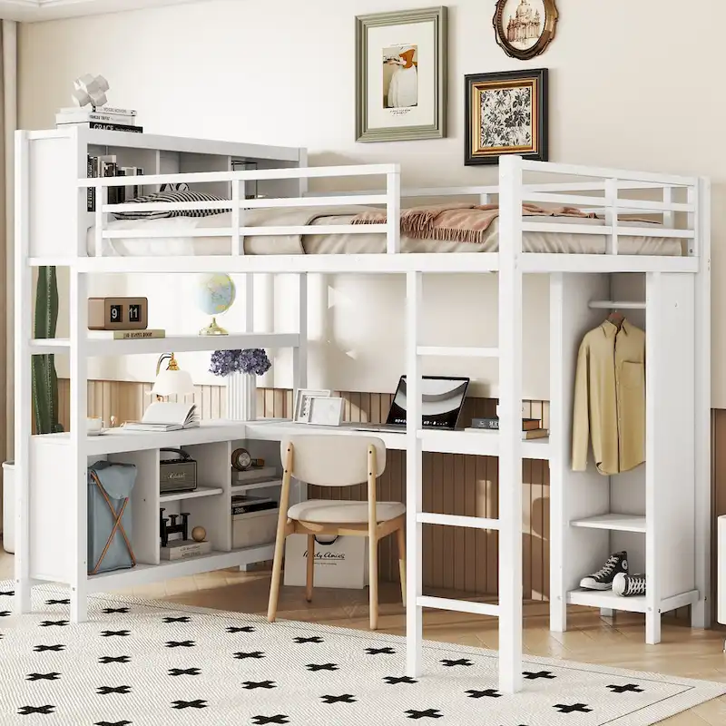 All-in-One Metal Loft Bed with L-Shaped Desk & Wardrobe, Bedrooms Bed Frame with Storage Cubes, Shelves, Full-Length Guardrails