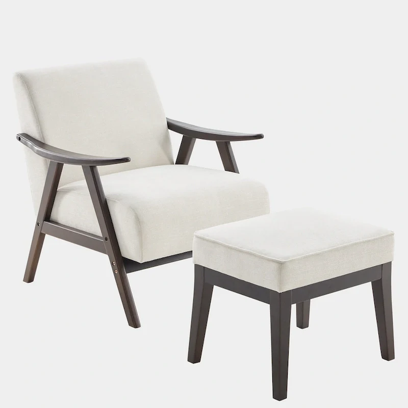Mid Century 27.7 Upholstered Arm Chair with Solid Wood Frame and Ottoman