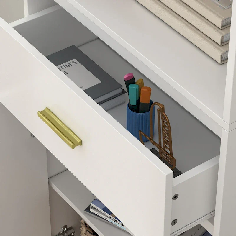 White Tall Linen Cabinet with 2 Doors, 1 Drawer & 2 Open Shelves