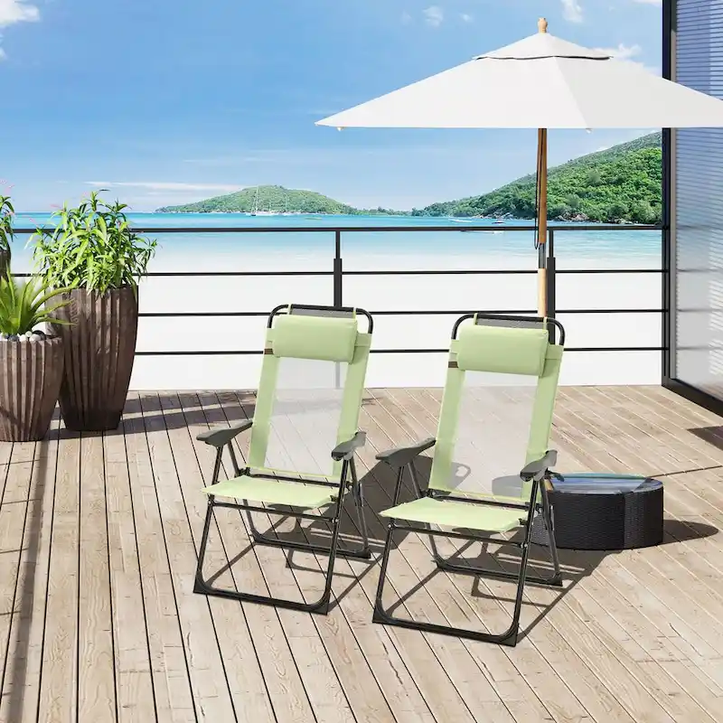 2-Piece Patio Folding Chairs with Adjustable Sling Back, Outdoor Camping Chairs with Removable Headrest