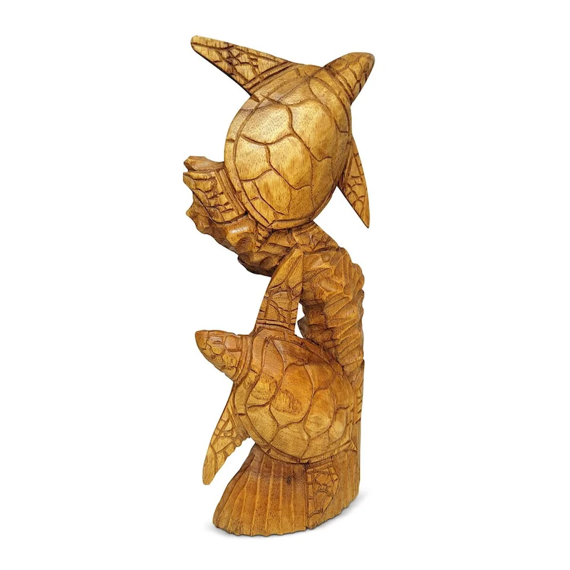 Wooden Hand Carved Two Tortoise Turtle on Coral Statue Sculpture Wood Home Decor Figurine Handcrafted Handmade Seaside