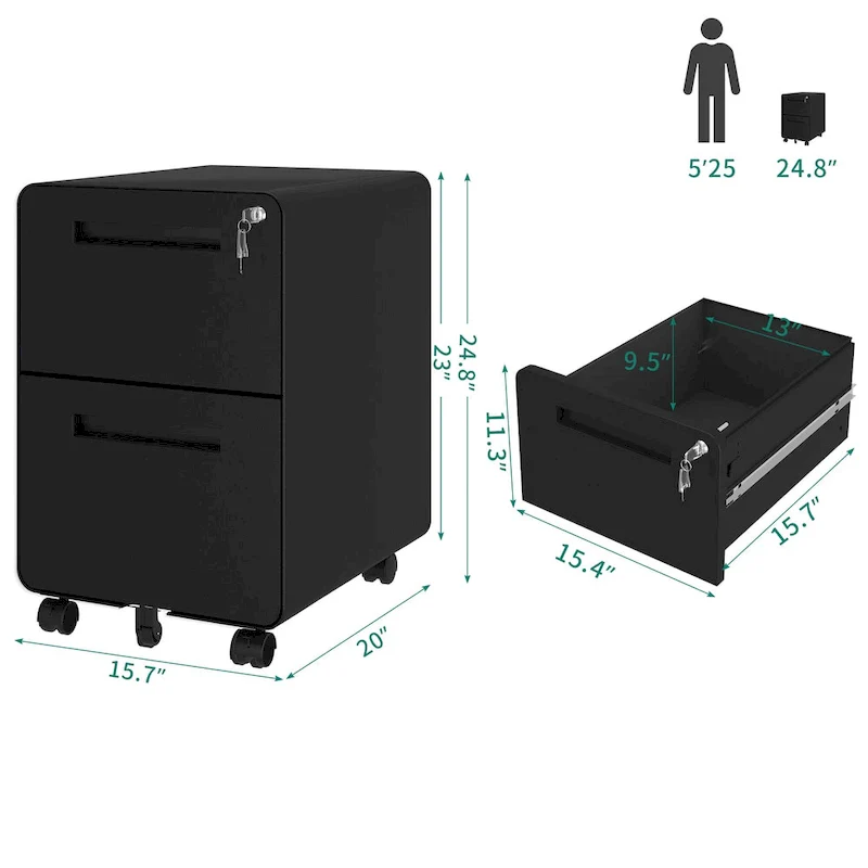 Black / White 2-Drawer Rolling Locking Steel File Cabinet – Single Unit