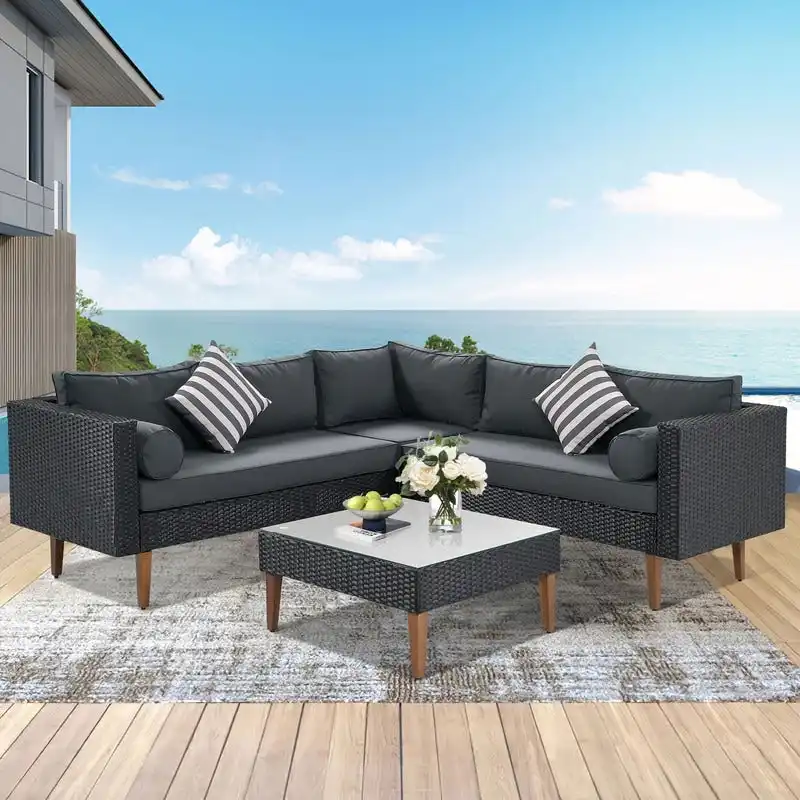 4-pieces L-shape Wicker Sofa Set with Colorful Pillows