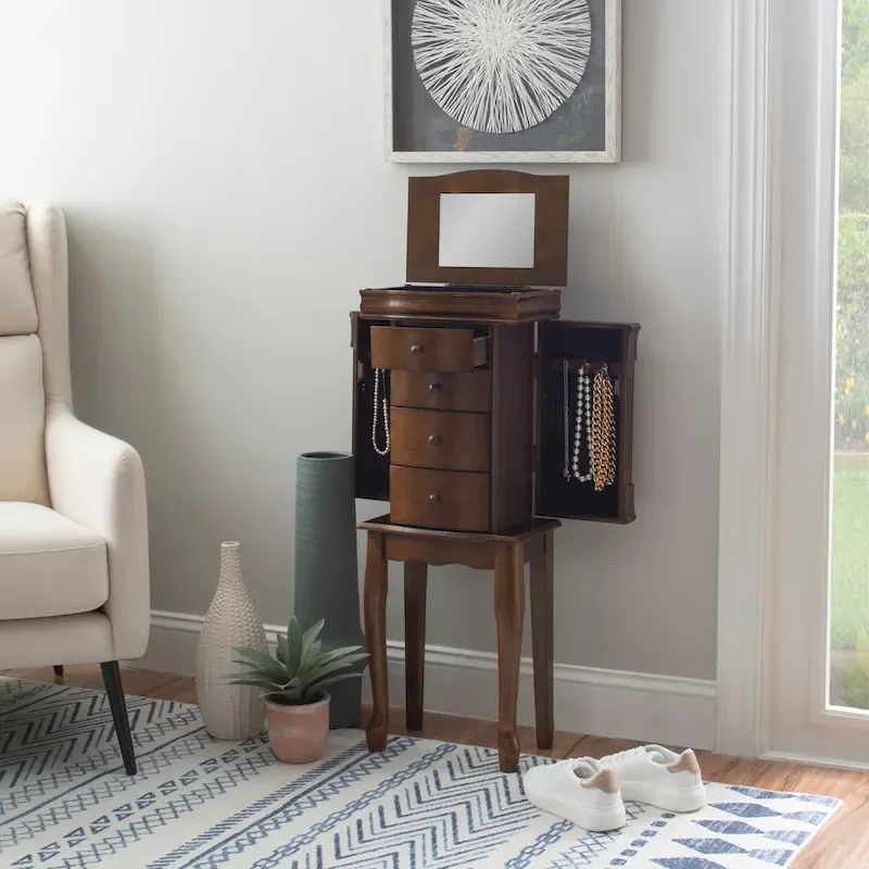 Serena Mirrored Walnut Standing Jewelry Armoire