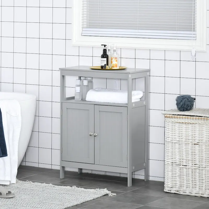 kleankin Freestanding Modern Bathroom Storage Cabinet, with Doors and Open Shelf, Bathroom Organizer Furniture, Grey
