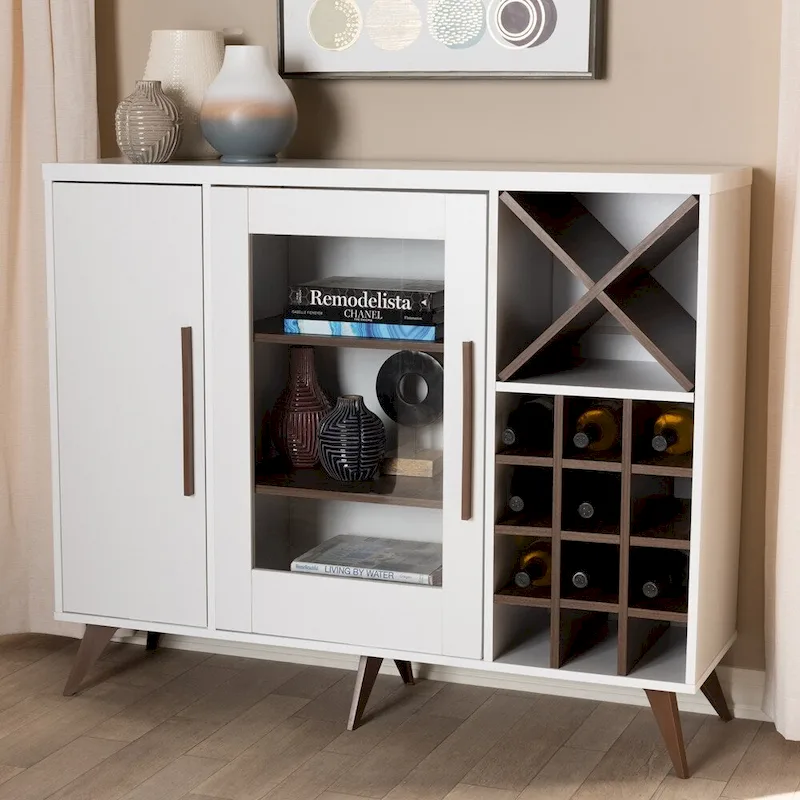 Dark Grey & Oak / White Brown Mid-Century Wine Cabinet with 24-Bottle Rack