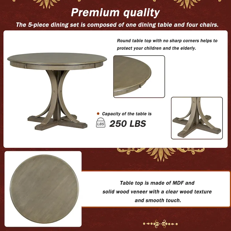 Taupe Retro 5-Piece Wooden Dining Table Set with Curved Trestle Table & 4 Chairs
