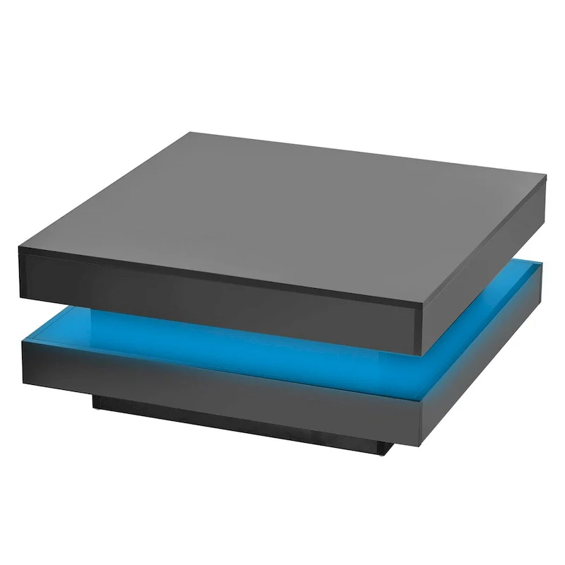 High Gloss Minimalist Design with LED Lights, 2-Tier Square Coffee Table, Center Table for Living Room
