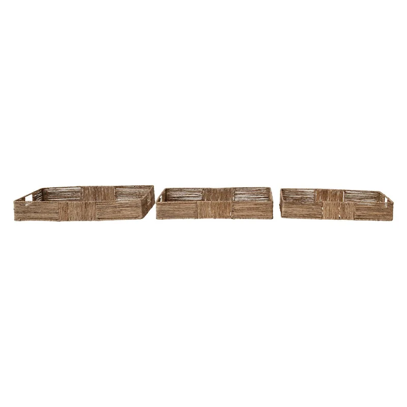 Hand-Woven Decorative Bamboo and Jute Trays with Handles, Set of 3