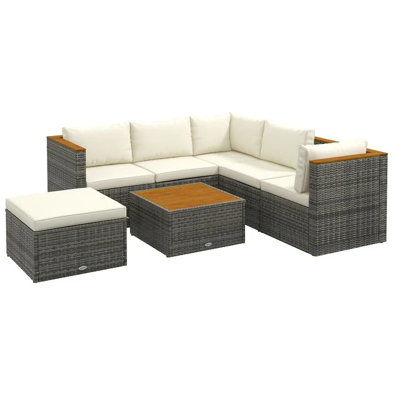 Outsunny Patio Wicker Furniture Set with Cushion, 7 Pieces Outdoor PE Rattan Sectional Sofa with Adjustable Backrest Seat Panel