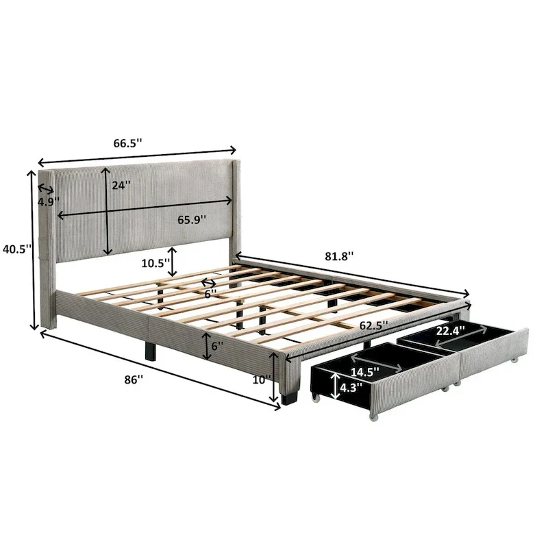 Footboard Drawer Storage Upholstered Wingback Bed