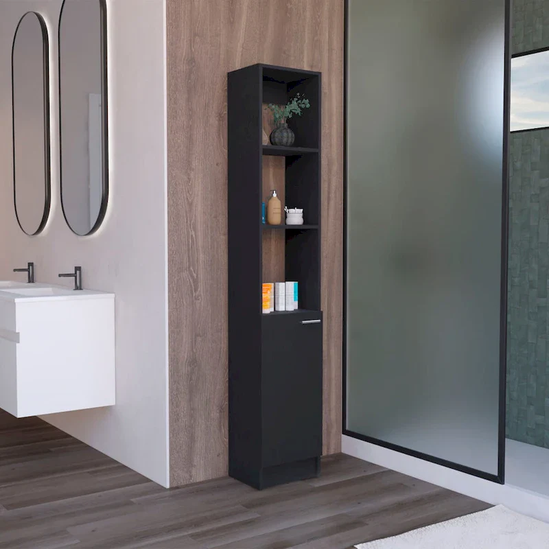 Black Tall Storage Cabinet with 1 Door & 6 Shelves (3 Adjustable)