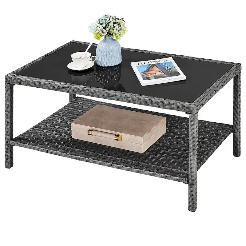 Yaheetech Wicker 2-Layer Patio Rattan Table with Tempered Glass Top