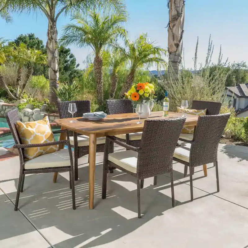Talbot Outdoor 7-piece Wood Rectangle Dining Set with Cushions by Christopher Knight Home