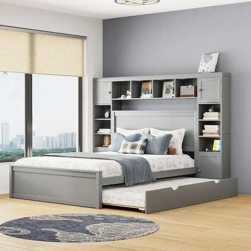 Modern Wooden Bed with Cabinet, Shelf, and Sockets